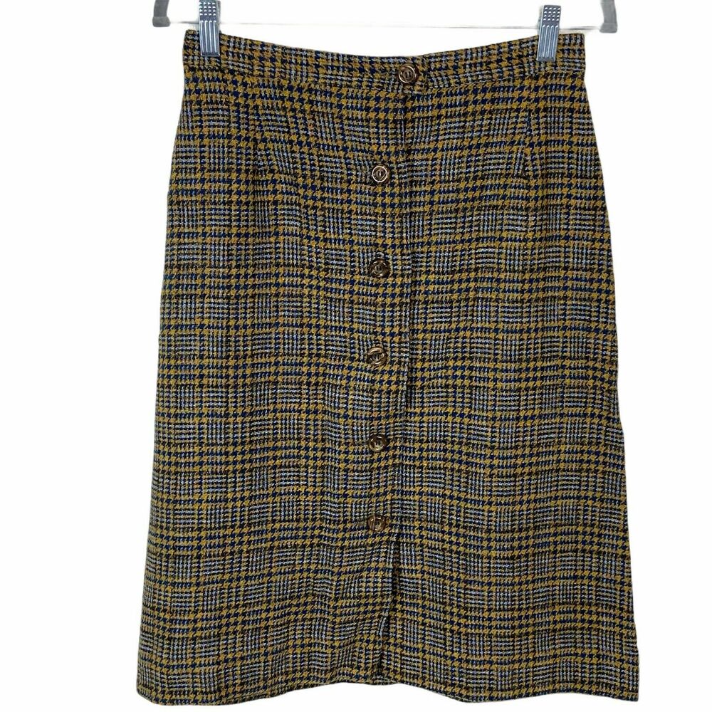 Pendleton Preppy Skirt Vintage Size S Navy Mustard Gray Plaid Button A Line
